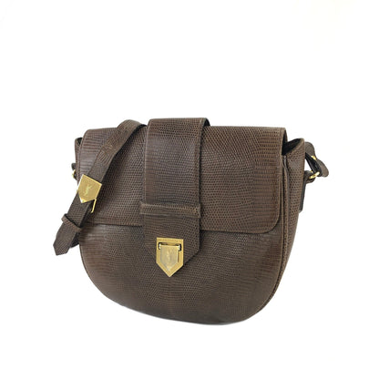 Yves Saint Laurent YSL logo Lizard embossed Round Shoulder bag Brown Vintage Old hw56ct