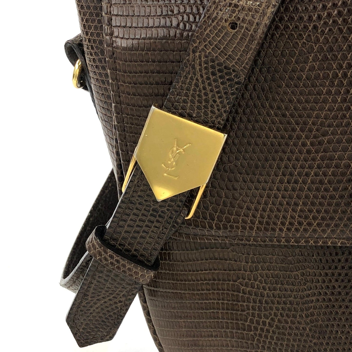 Yves Saint Laurent YSL logo Lizard embossed Round Shoulder bag Brown Vintage Old hw56ct