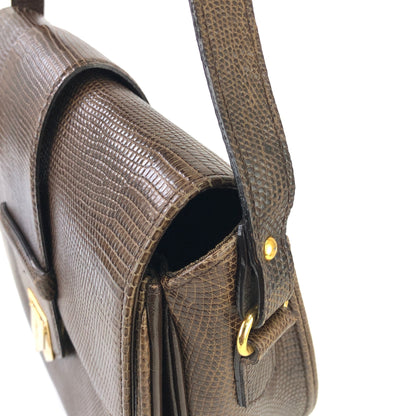 Yves Saint Laurent YSL logo Lizard embossed Round Shoulder bag Brown Vintage Old hw56ct