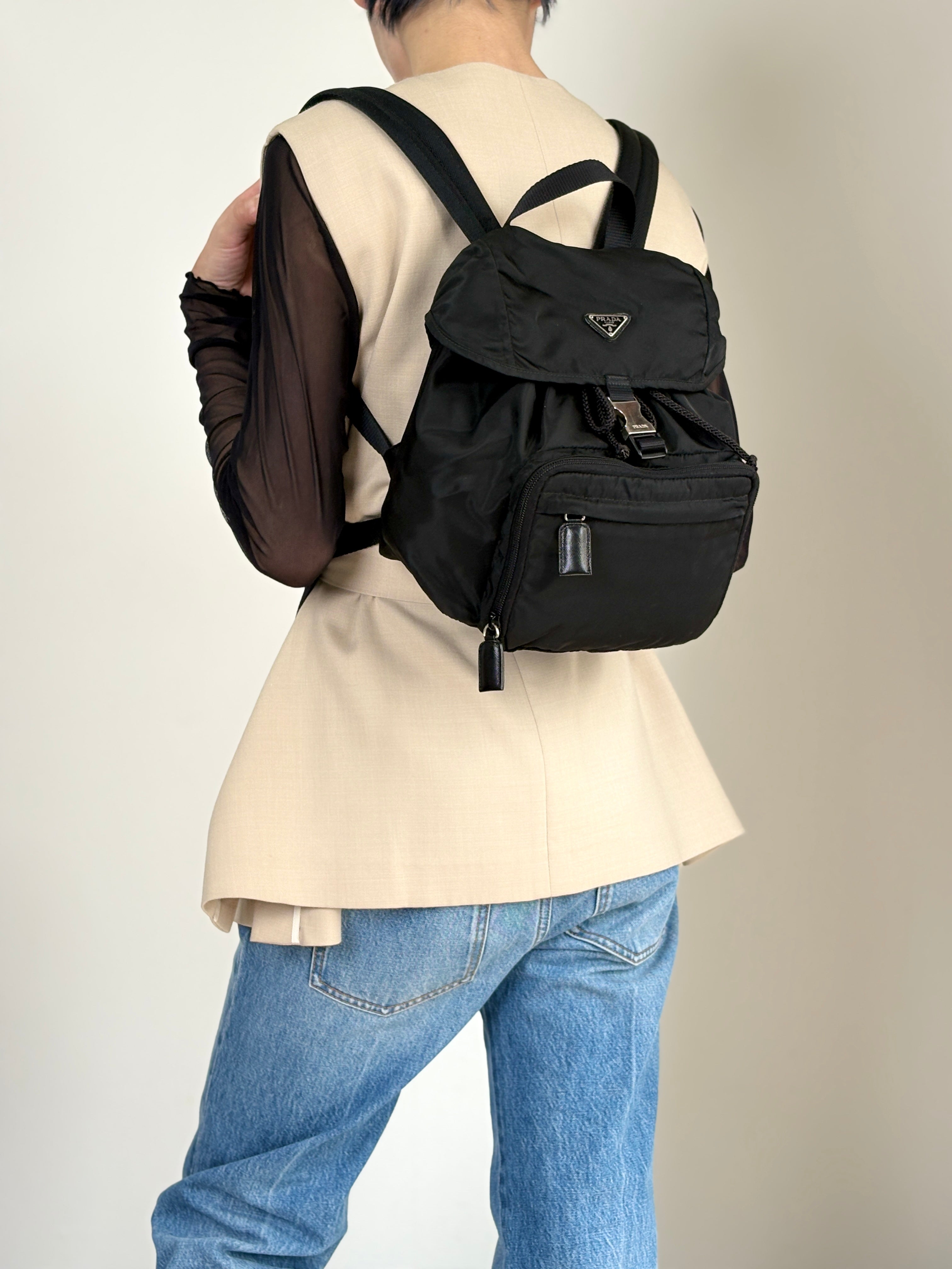 PRADA Tessuto Triangle Logo Front Buckle Backpack Black Vintage
