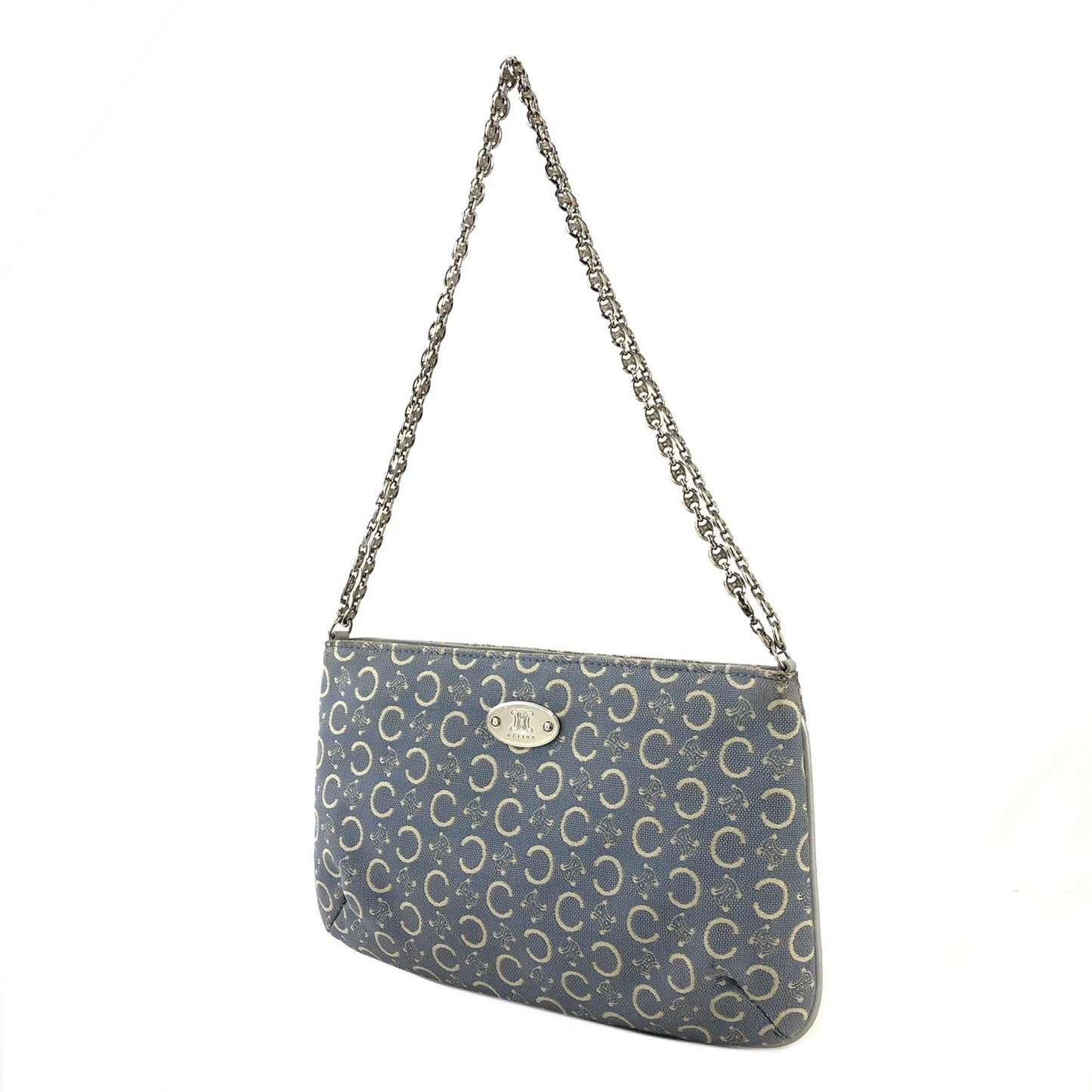 CELINE Macadam Triomphe fabric leather Chain pochette Shoulderbag sky blue Vintage Old celine nit6xf