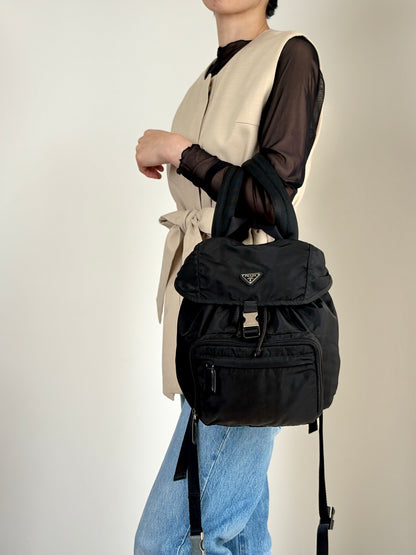 PRADA Tessuto Triangle Logo Front Buckle Backpack Black Vintage jmakxv