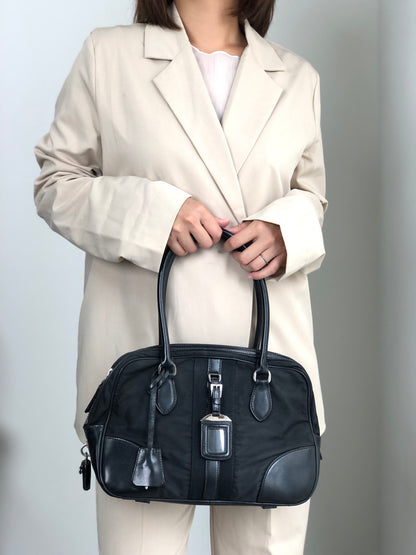 PRADA Tessuto Triangle Logo Small Boston bag Handbag Black Vintage vv4j5d