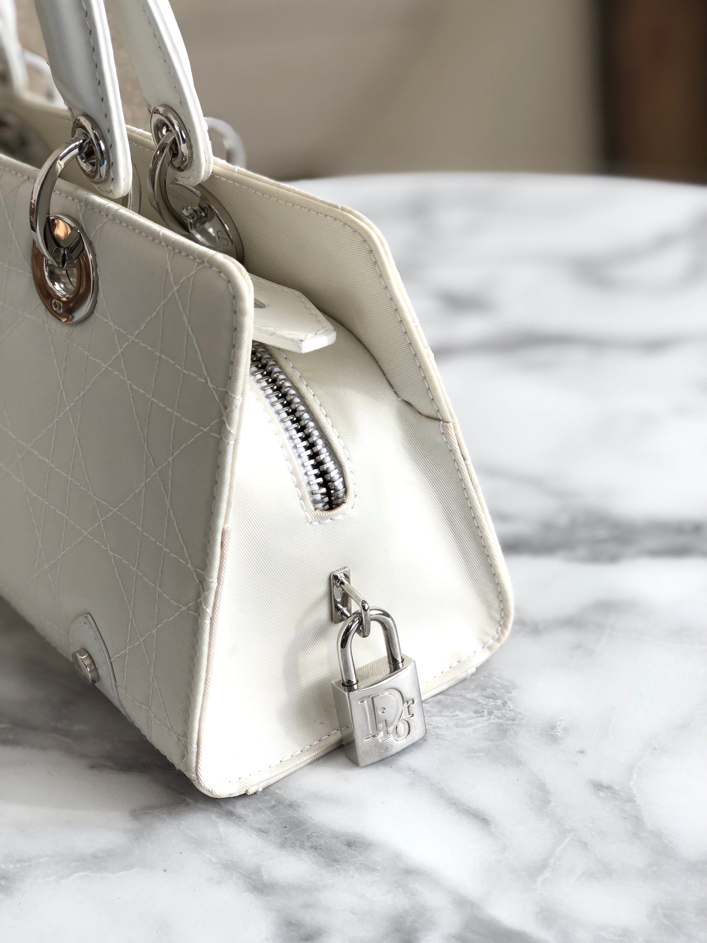 Christian Dior Cannage Lady dior Nylon Handbag White Vintage Old murbh7