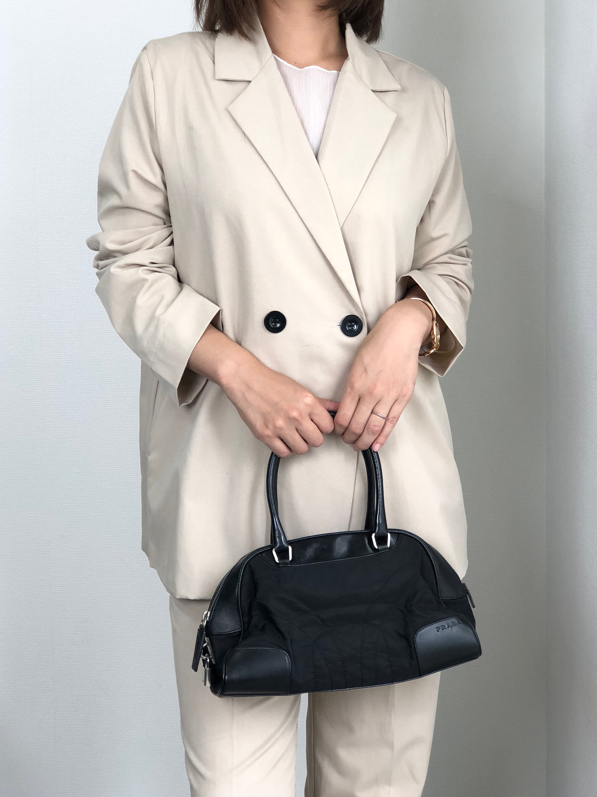 PRADA Triangle Logo Handbag Boston bag Black Vintage mh4xag