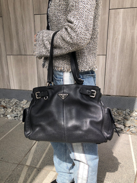 PRADA Triangle Logo Side Pocket Handbag Black BR3235 Vintage ahtf7v