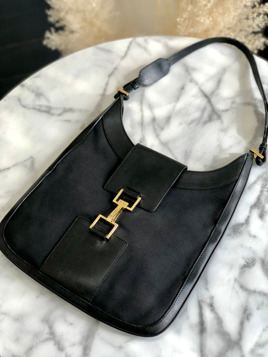 GUCCI Horsebit Canvas Shoulder bag Hobo bag Black Vintage Old ze7kbk