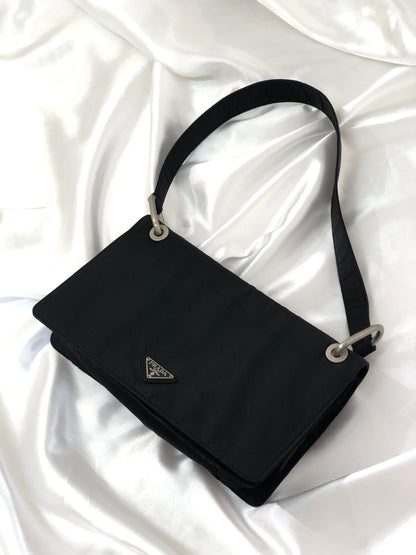 PRADA Triangle Logo Flap Nylon Shoulder bag Hobo bag Black Vintage u2e53d
