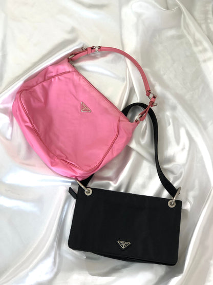 PRADA Triangle Logo Flap Nylon Shoulder bag Hobo bag Black Vintage u2e53d