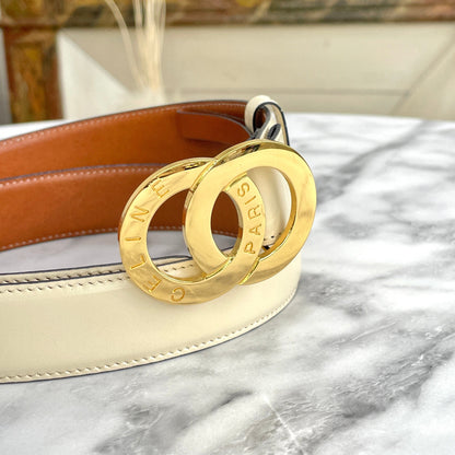 CELINE Double Circle Leather Belt Ivory Vintage Old Celine rtutp8