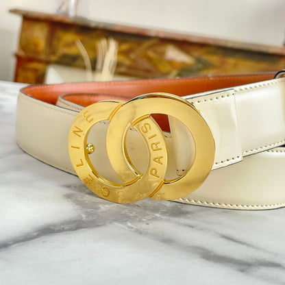 CELINE Double Circle Leather Belt Ivory Vintage Old Celine rtutp8