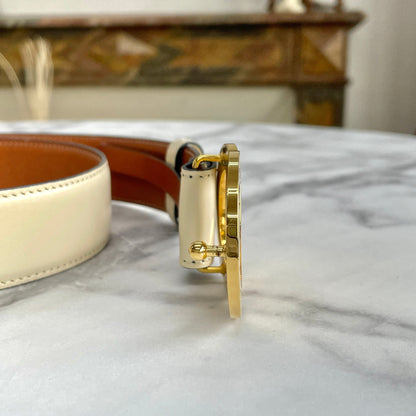 CELINE Double Circle Leather Belt Ivory Vintage Old Celine rtutp8