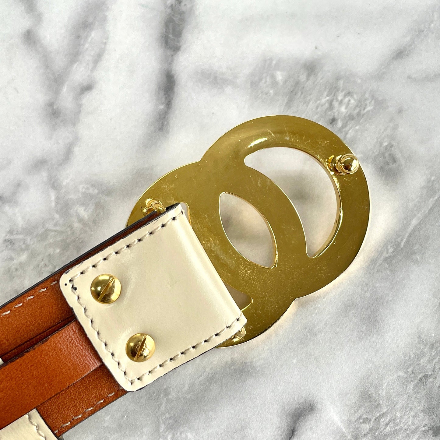 CELINE Double Circle Leather Belt Ivory Vintage Old Celine rtutp8