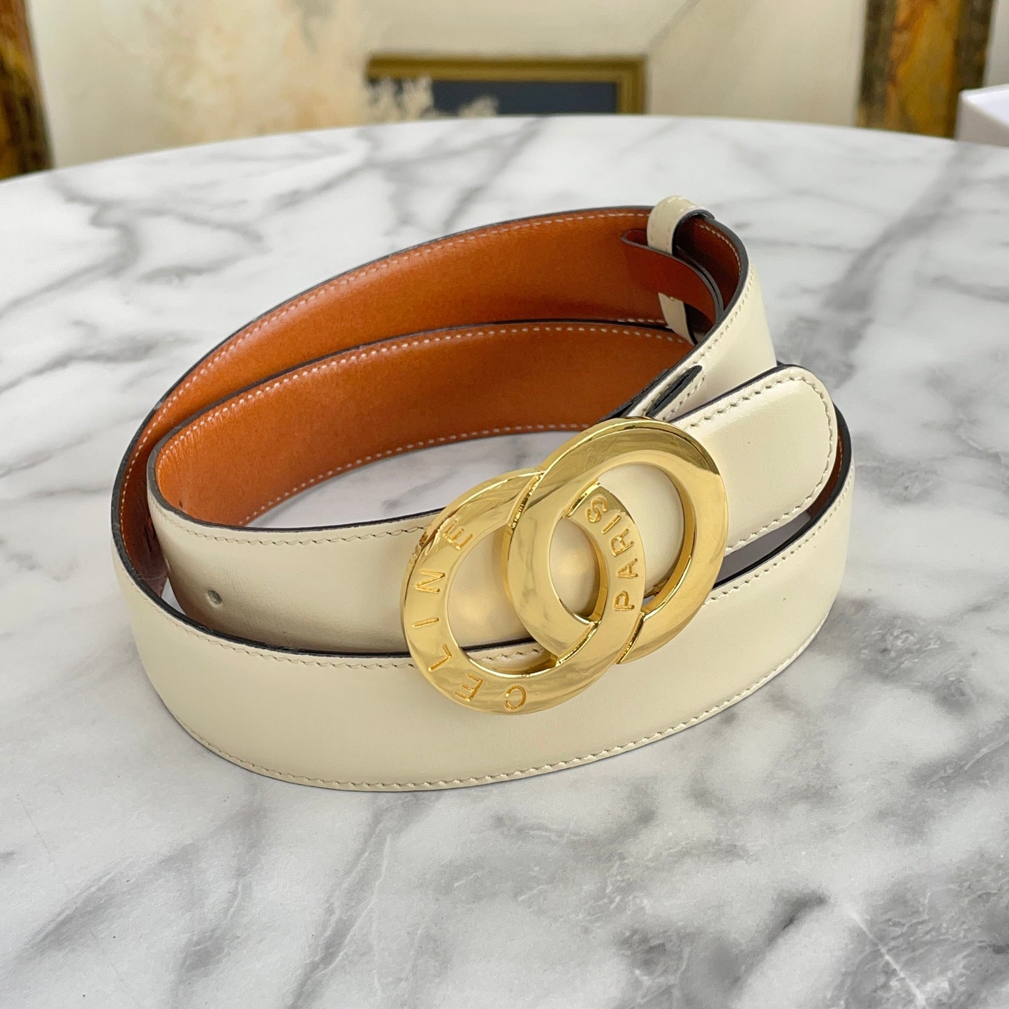 CELINE Double Circle Leather Belt Ivory Vintage Old Celine rtutp8