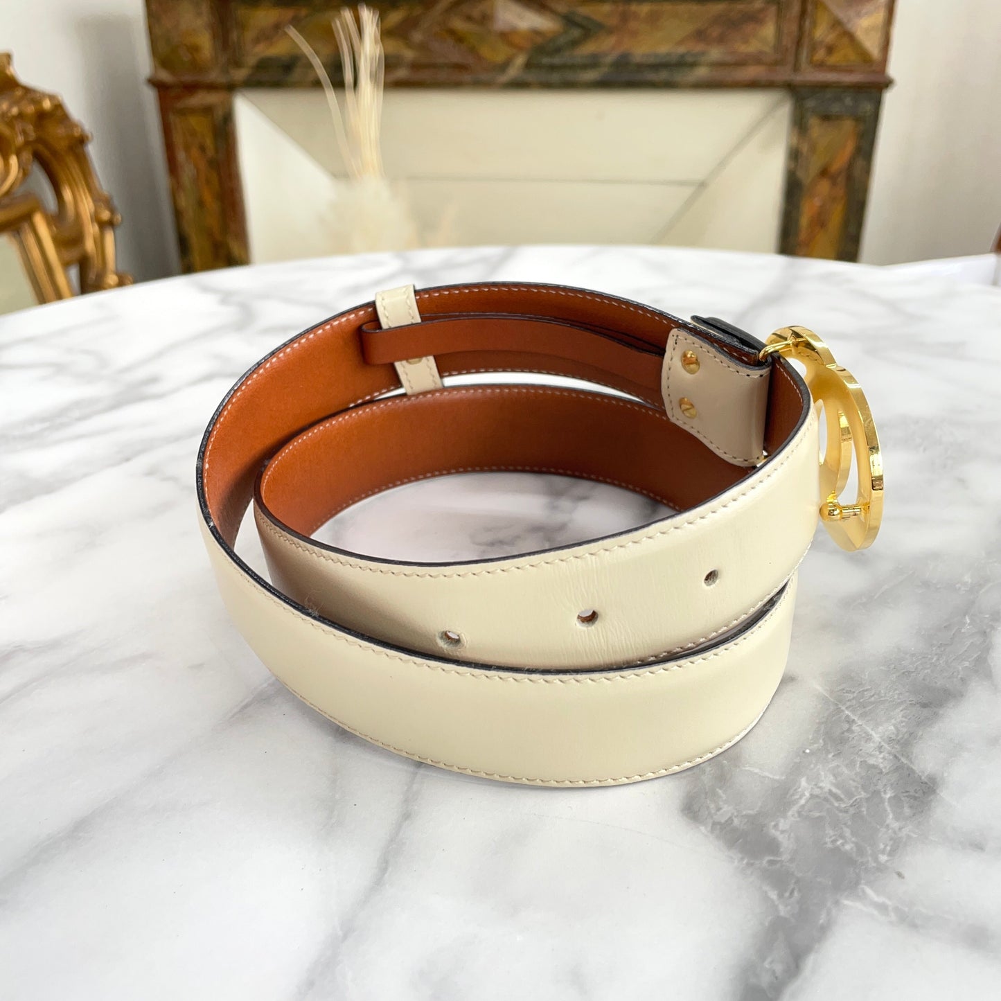 CELINE Double Circle Leather Belt Ivory Vintage Old Celine rtutp8