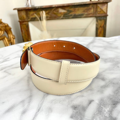 CELINE Double Circle Leather Belt Ivory Vintage Old Celine rtutp8