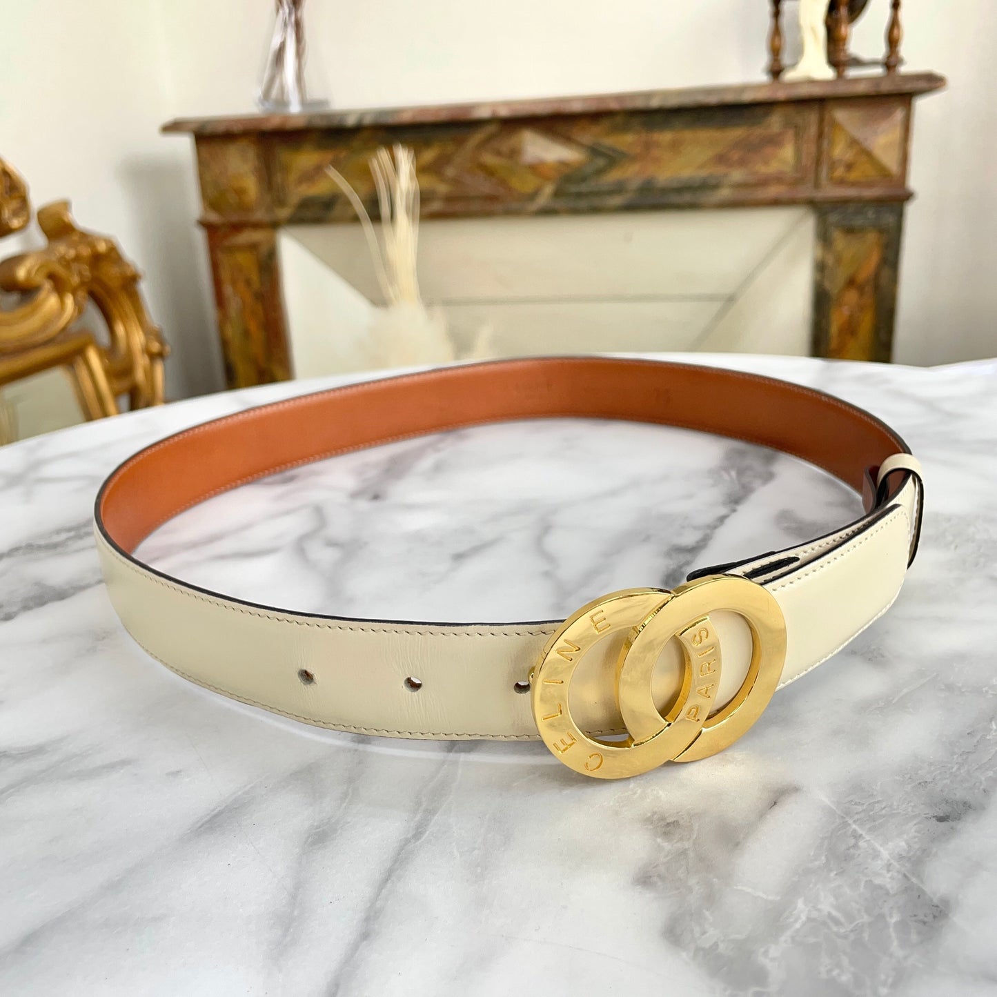 CELINE Double Circle Leather Belt Ivory Vintage Old Celine rtutp8