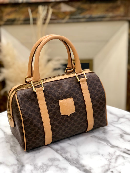 CELINE Macadam Blason Embossed PVC Leather Mini Boston Keepall Boston Bag Brown Vintage Old zeahxx