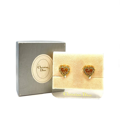 Christian Dior 心形 Linie 寶石耳環 金色 復古 舊款 3xfsbv