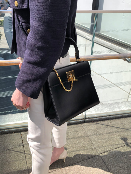 CELINE Gancini Two-way Handbag Shoulder bag Black Vintage r5552p