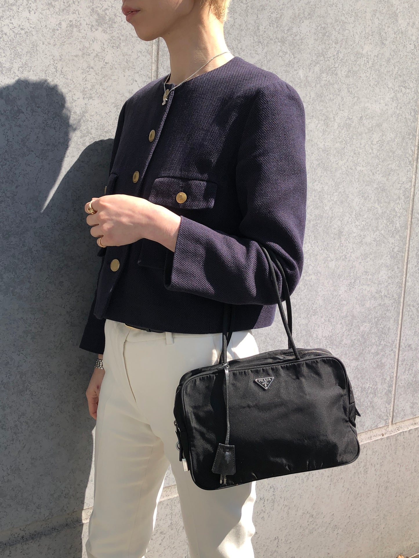 PRADA Tessuto Triangle Logo Handbag Black Vintage w7yvkr