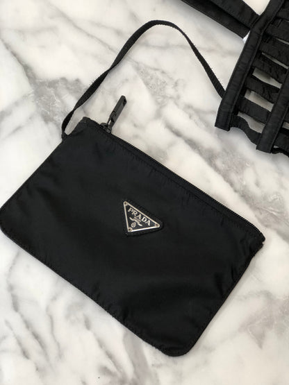 PRADA Nylon Cutout Handbag With Pouch Black Vintage Old b64rft
