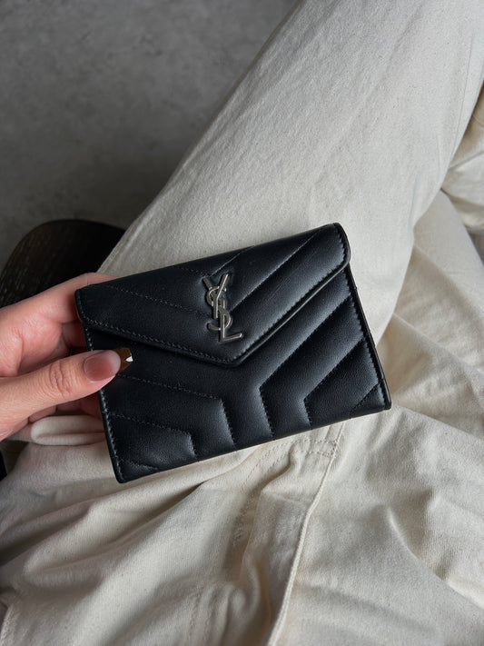 Yves Saint Laurent YSL Logo Bias Stitch Coin Purse Black Vintage 2kycf2