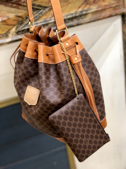 CELINE Macadam Blason Drawstring Bucket Shoulder bag Brown Vintage Old CELINE txv2jg