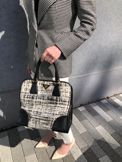 PRADA Triangle Logo Handbag White×Black Vintage xpzwfz