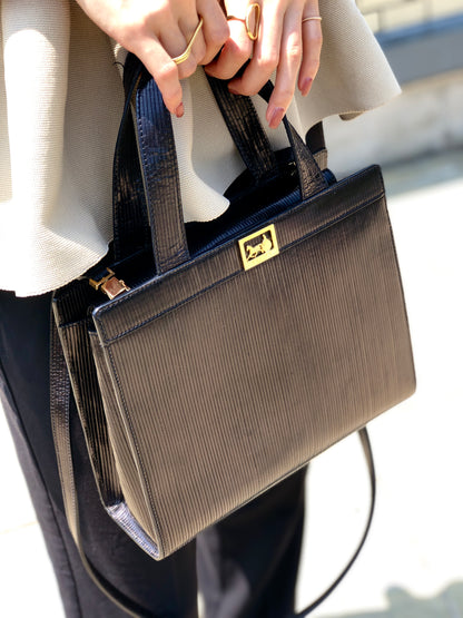 CELINE Horse carriage Leather Handbag Crossbody Shoulder bag Black Vintage 2urg2x