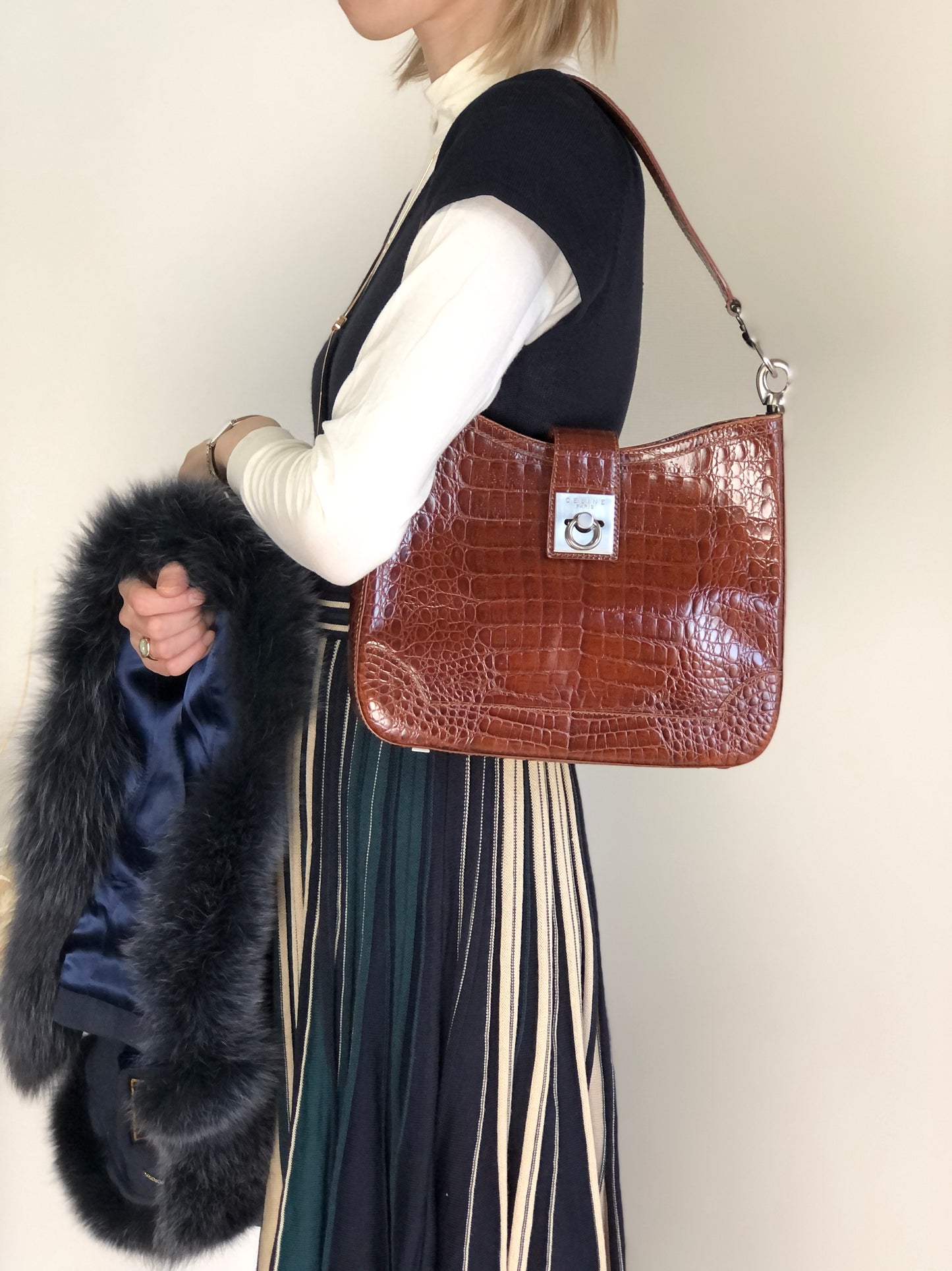 CELINE Gancini Shoulder bag Brown Vintage uh6ta4