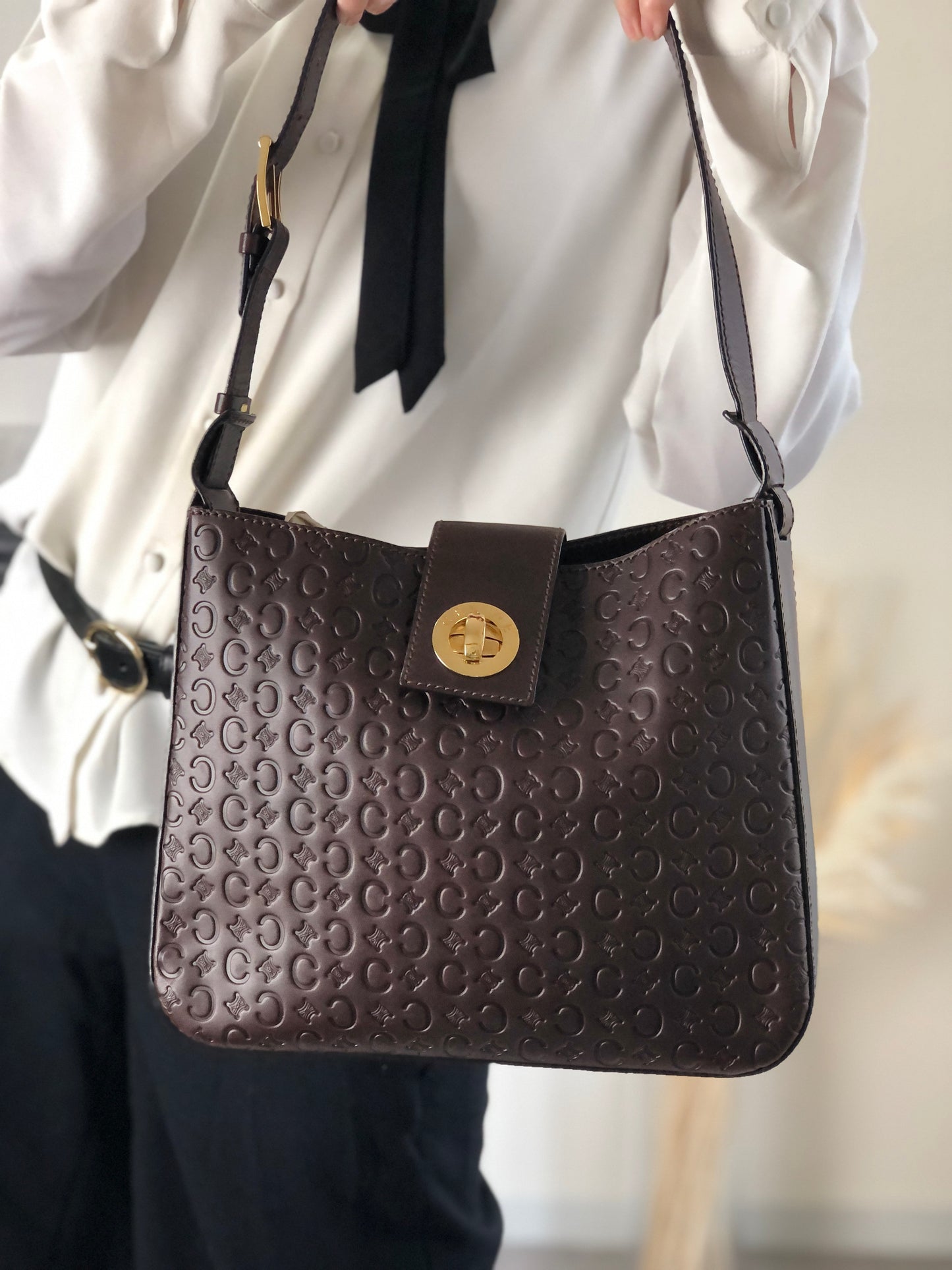 CELINE Blason Turn Lock Shoulder bag Brown Vintage txixub