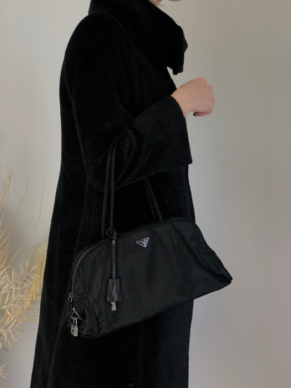 PRADA Tessuto Triangle Logo Padlock Small Boston bag Handbag Black Vintage a3zkst