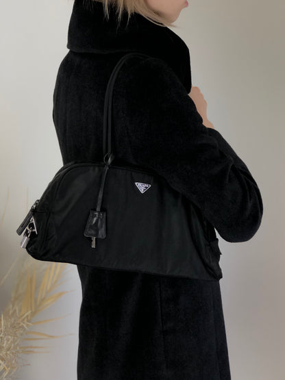 PRADA Tessuto Triangle Logo Padlock Small Boston bag Handbag Black Vintage a3zkst