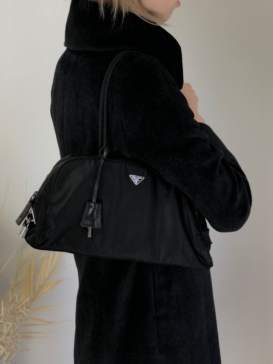 PRADA Tessuto Triangle Logo Padlock Small Boston bag Handbag Black Vintage a3zkst