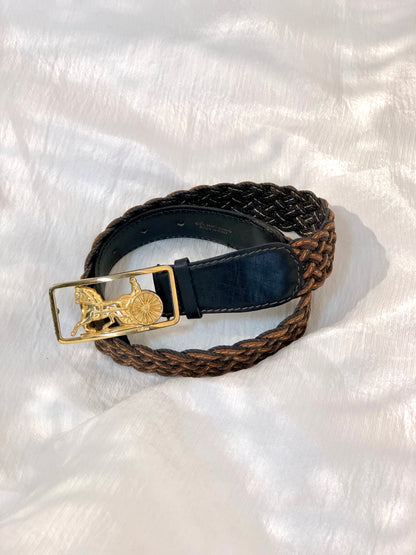 CELINE Horse carriage Leather Mesh Belt Black Vintage Old Celine yvrvdn