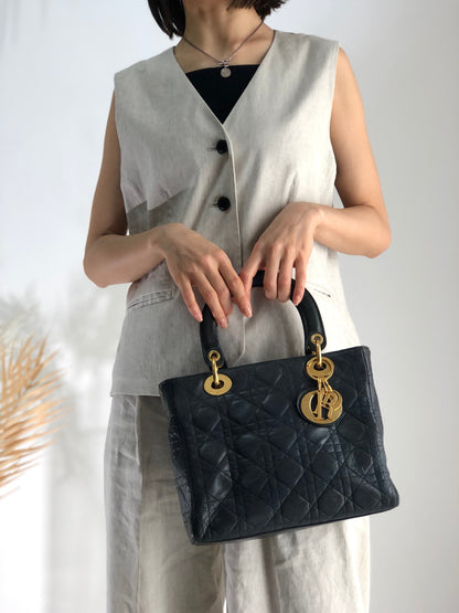Christian Dior Cannage Lady dior Leather Handbag navy 48dafg