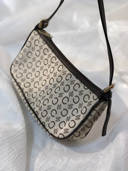 CELINE C Macadam Fabric Handbag Hobobag White Old Celine Vintage bdmdme