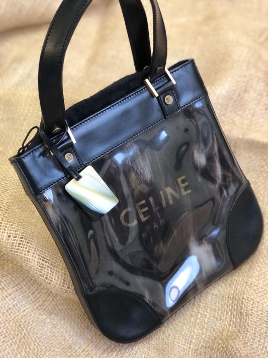 CELINE Blason Clear Plate Charm Leather PVC Handbag Black vintage Old Celine ercjxm