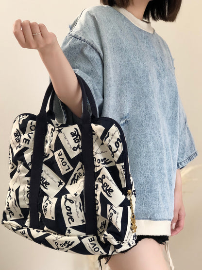 Yves Saint Laurent YSL Charm Logo Whole Pattern Nylon Totebag Navy Vintage Old kst34p