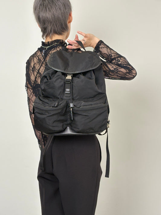 PRADA Tessuto Triangle Logo Front Buckle Double Pocket  Backpack Black Vintage ept4gf