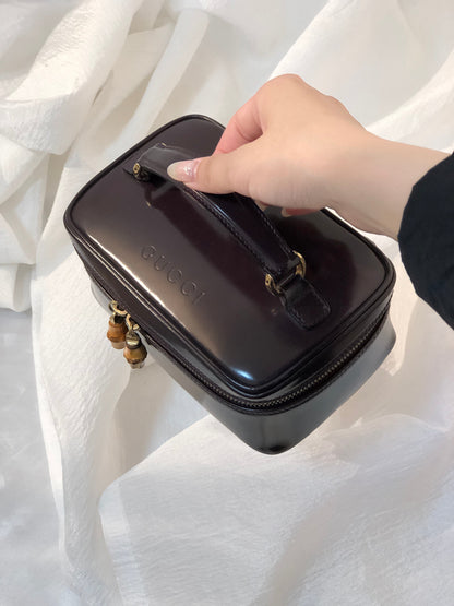 GUCCI 竹製漆皮迷你化妝包 手提包 黑色 復古 舊款 GUCCI umgaas