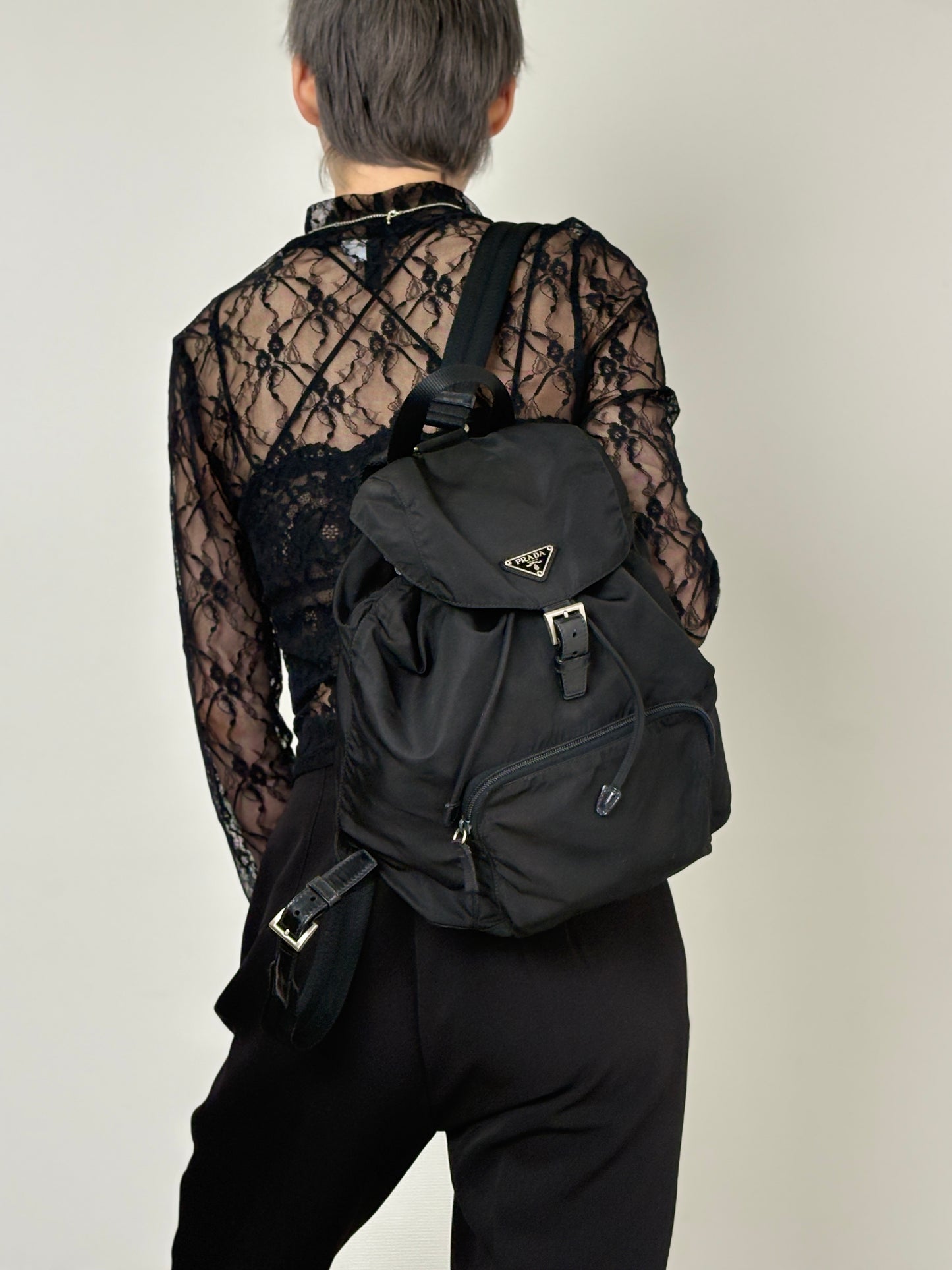 PRADA Tessuto Triangle Logo Front Buckle Backpack Black Vintage vwh35w