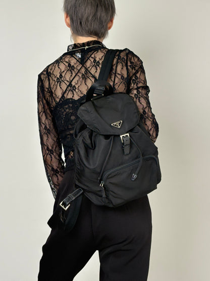 PRADA Tessuto Triangle Logo Front Buckle Backpack Black Vintage vwh35w