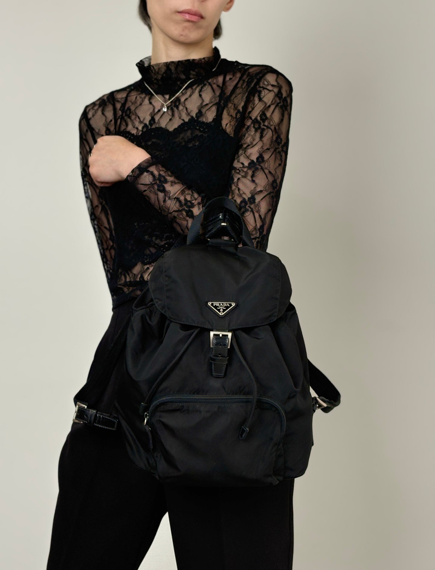 PRADA Tessuto Triangle Logo Front Buckle Backpack Black Vintage vwh35w