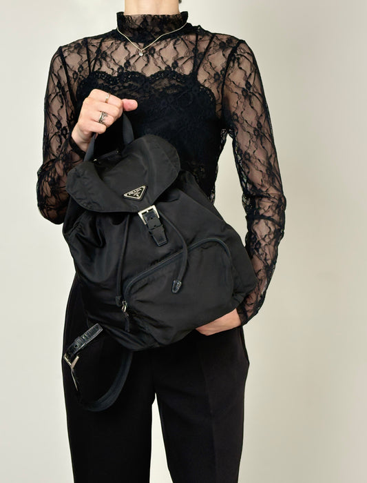PRADA Tessuto Triangle Logo Front Buckle Backpack Black Vintage vwh35w