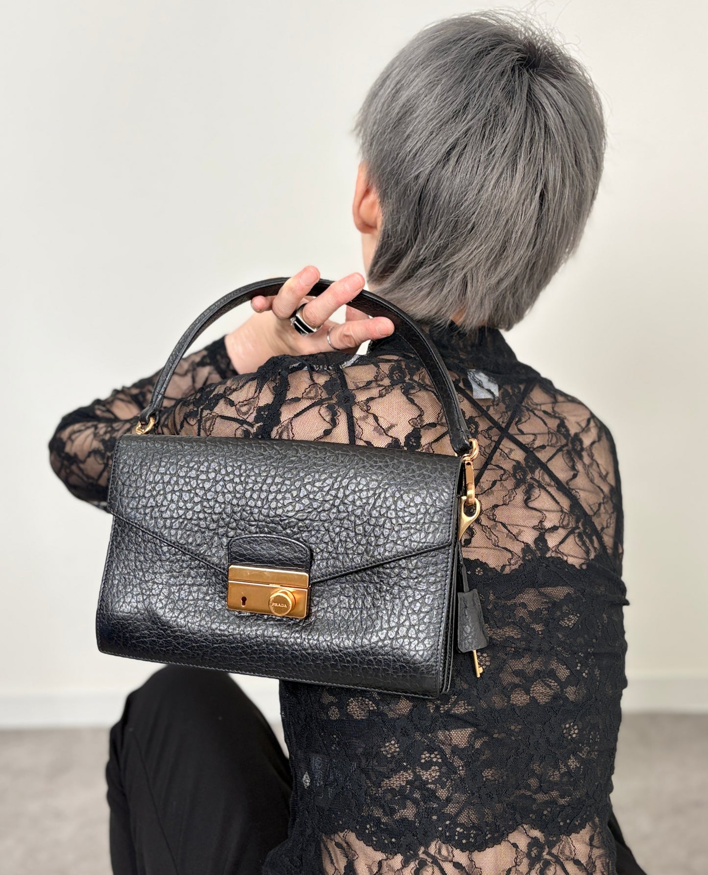 PRADA Lock Shoulder bag Black Vintage pjtker