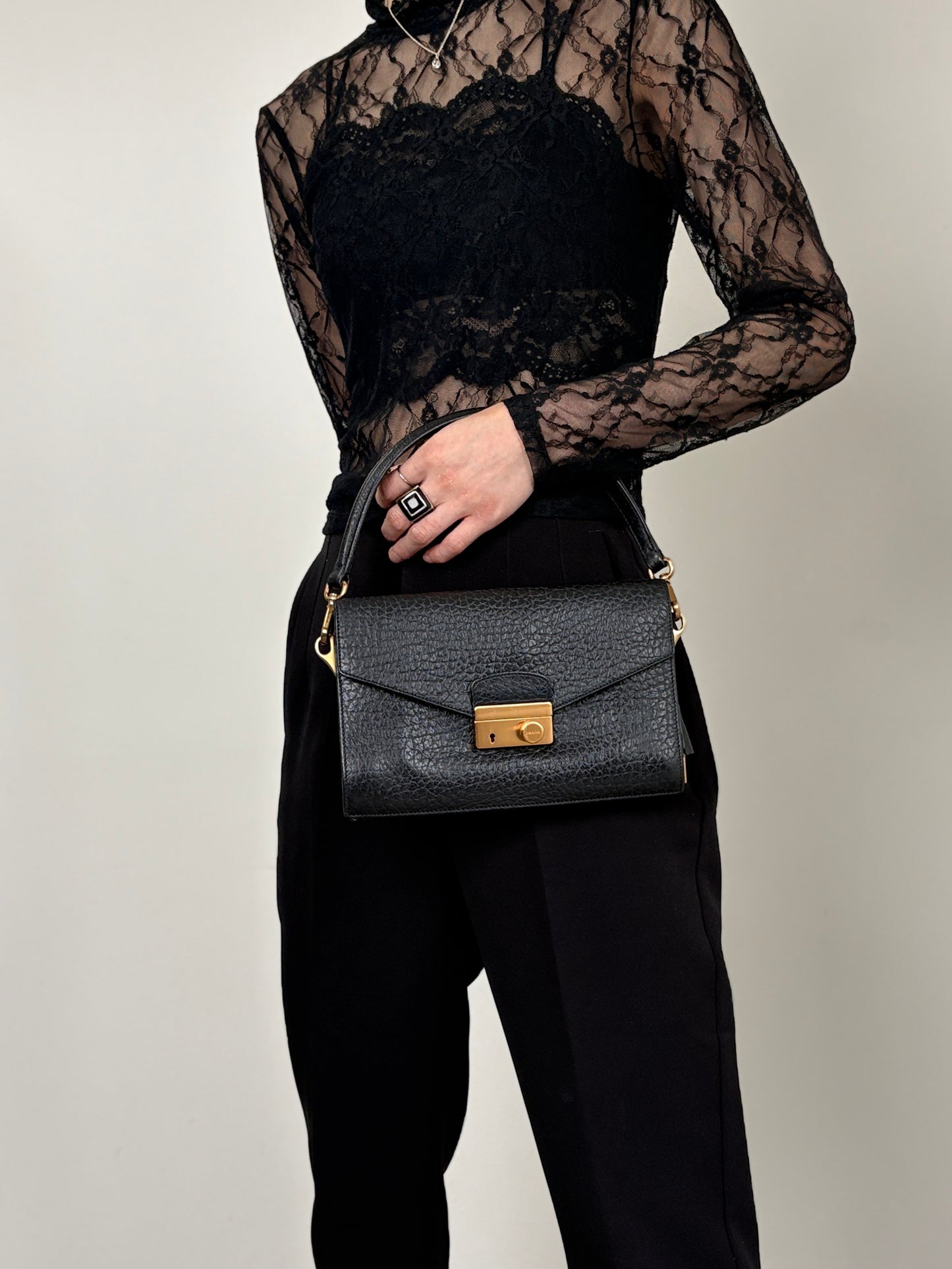 PRADA Lock Shoulder bag Black Vintage pjtker