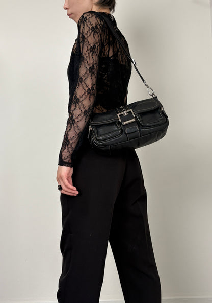 PRADA Triangle Logo Double Pocket Shoulder bag Black Vintage 5hm2yf