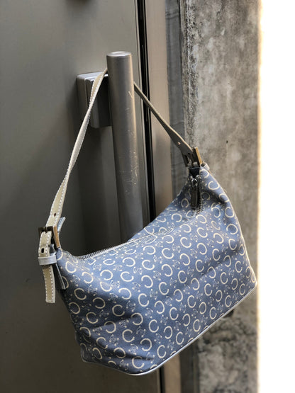 CELINE C Macadam Jacquard Handbag Blue Vintage Old Celine znhcpr